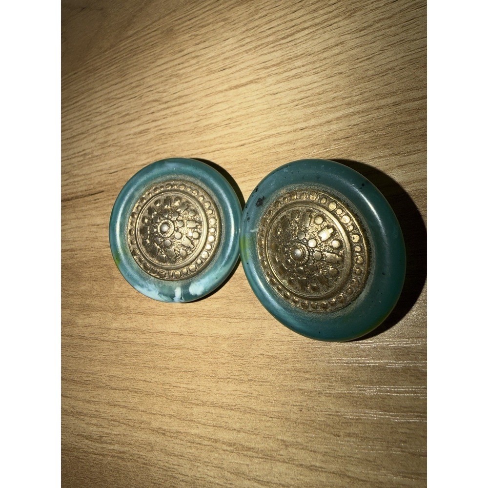 Vintage Earrings Clip‎ On Frosted Green Button Medallion Made In Italy Gold Tone